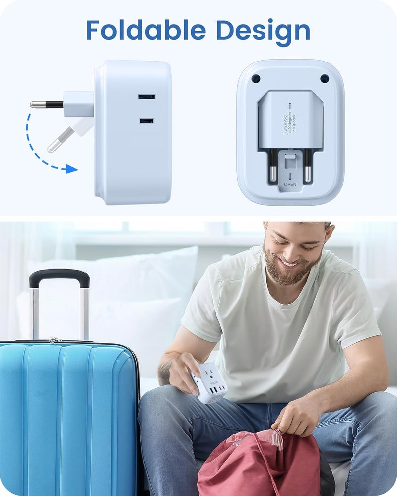 Lencent European Travel Plug Adapter, US to Europe Type-C Foldable Power Plug with 4 Outlets 4 USB Ports (2 USB C), Power Adaptor for USA to EU Euro Iceland Spain Italy France Germany Greece, Blue - Image 2